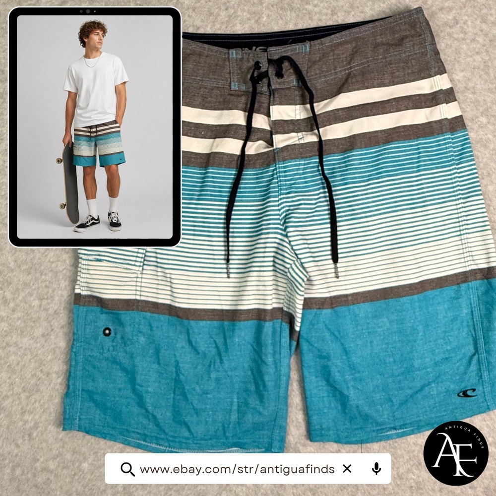 ONeill Mens Striped Board Shorts Blue Grey Size 31 Swim Trunks Cargo Pocket